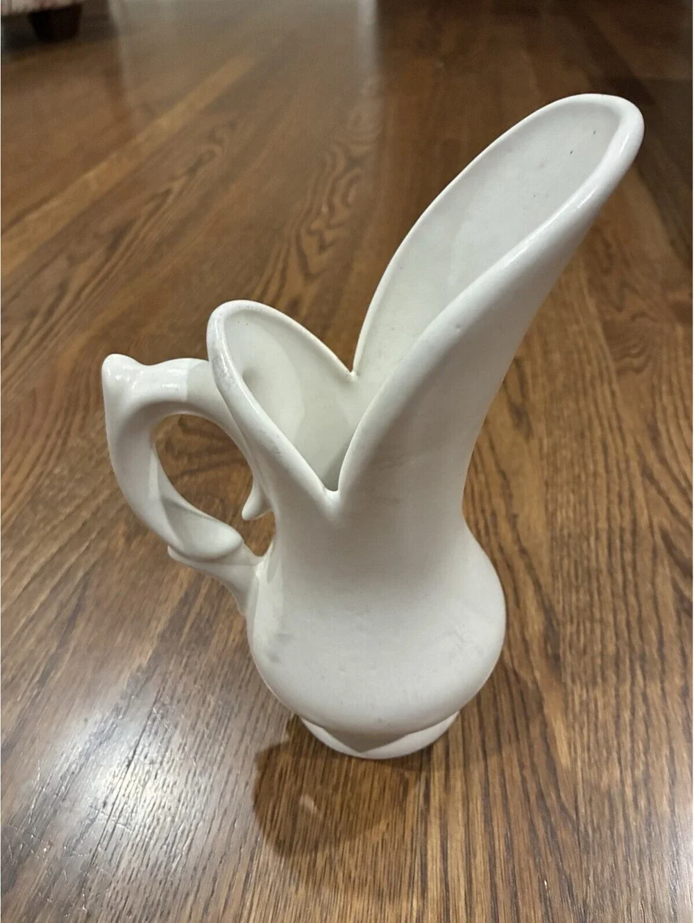 Vintage Ceramic White Sculptural Pitcher Vase | Asymmetrical Ewer / Handle Jug
